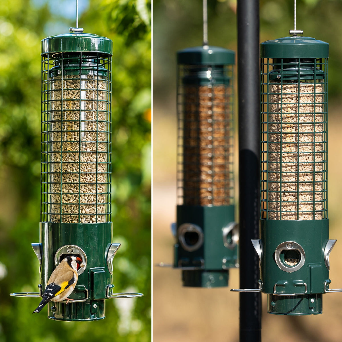 Two green cylindrical bird feeders filled with seeds hanging outdoors, shown in a split view: one on the left with a small bird perched on the feeder, and one on the right mounted on a black pole against a blurred garden background.