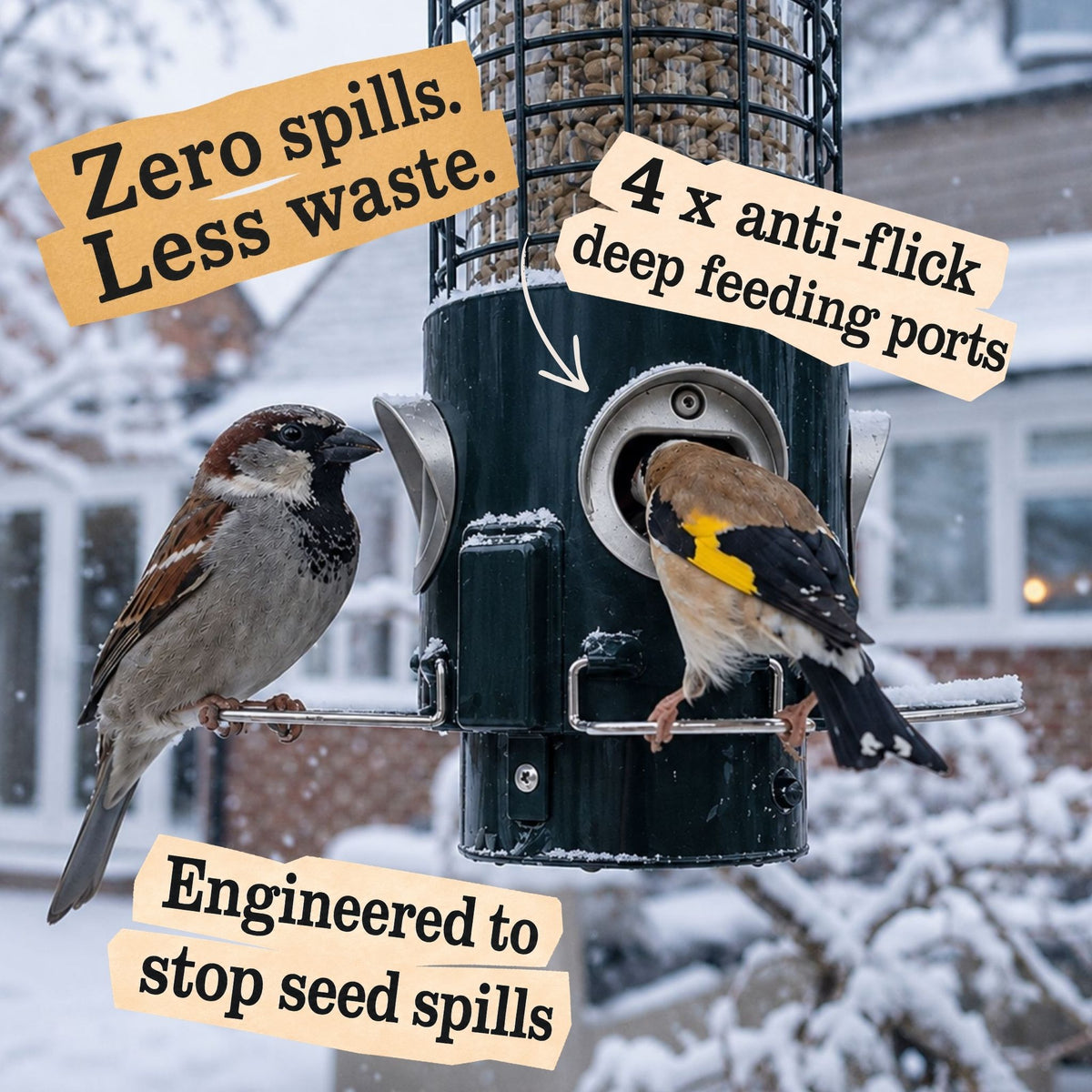 Sky-Tube no mess bird feeder with anti-flick feeding ports