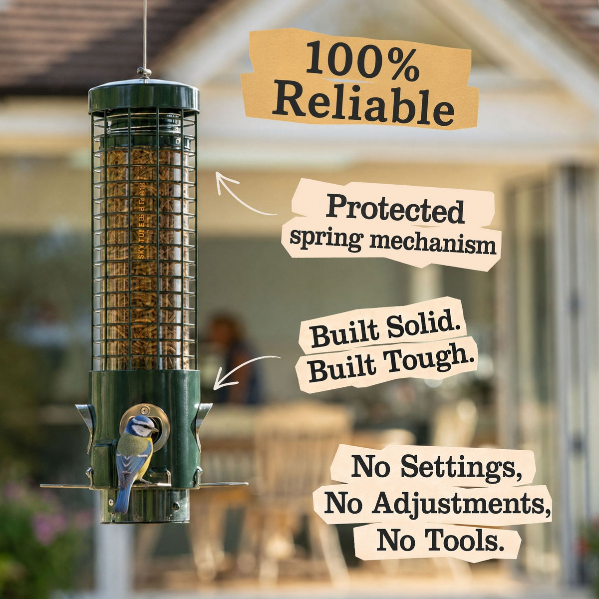 Sky-Tube squirrel proof bird feeder with protected spring mechanism