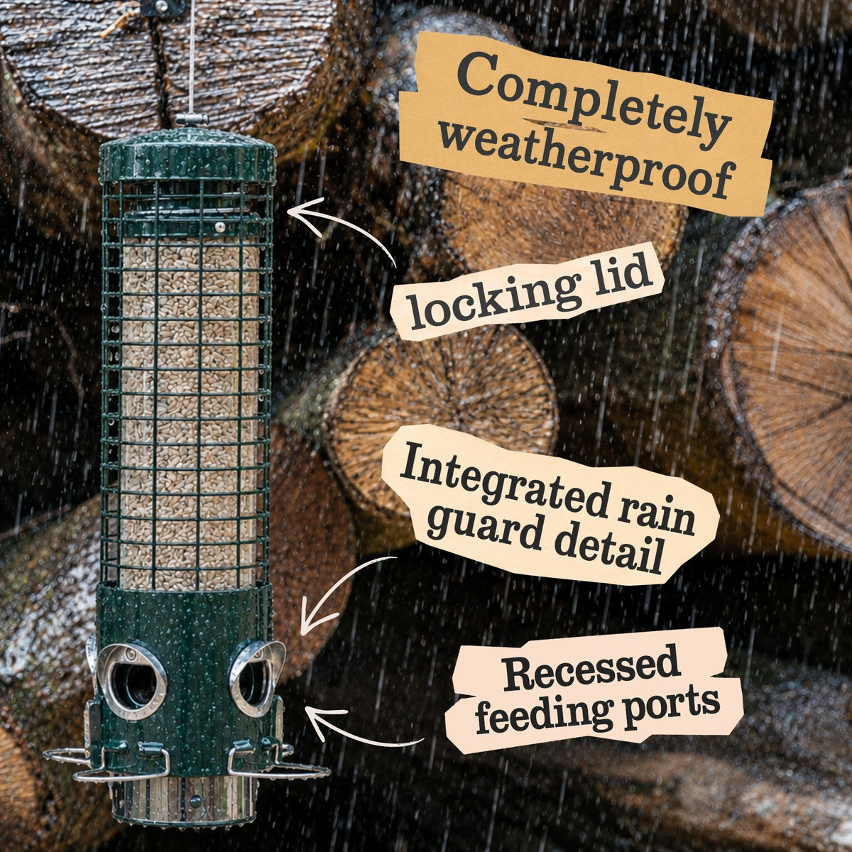 Sky-Tube weatherproof bird feeder with locking lid, rain guard and recessed feeding ports