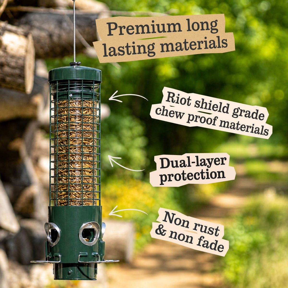 Sky-Tube squirrel proof bird feeder with durable, rust-resistant materials and dual-layer protection