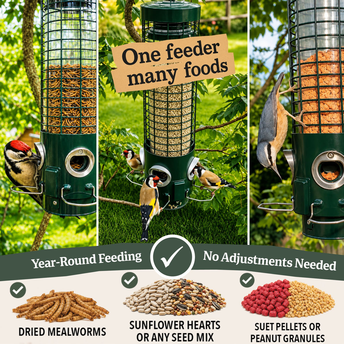 Sky-Tube bird feeder for dried mealworms, sunflower hearts, seed mix and suet pellets