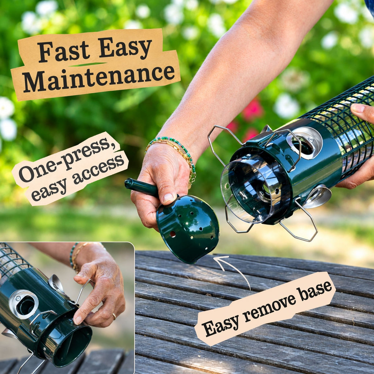 Sky-Tube bird feeder with one-press base removal for fast, easy cleaning