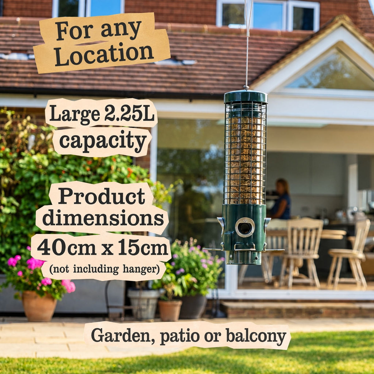 Sky-Tube bird feeder with 2.25L capacity for gardens, patios and balconies